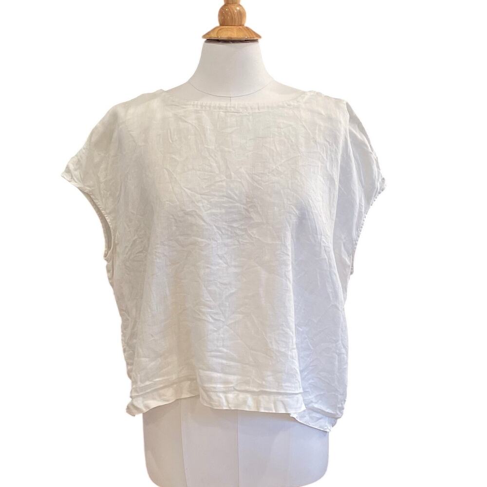 St. Tropez White Linen Short Sleeve Top/Blouse, Button Up Back, Relaxed, XL